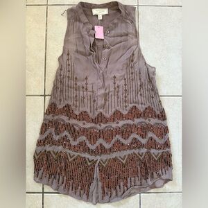 Beaded Vintage Moulinette Soeurs Taupe and Rust Sleeveless Top